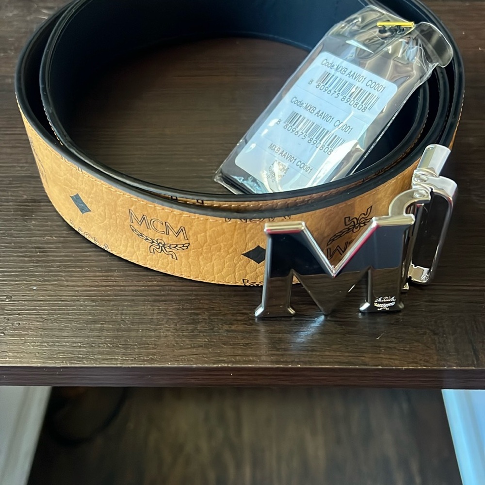 MCM Tan Leather Belt with Silver Buckle